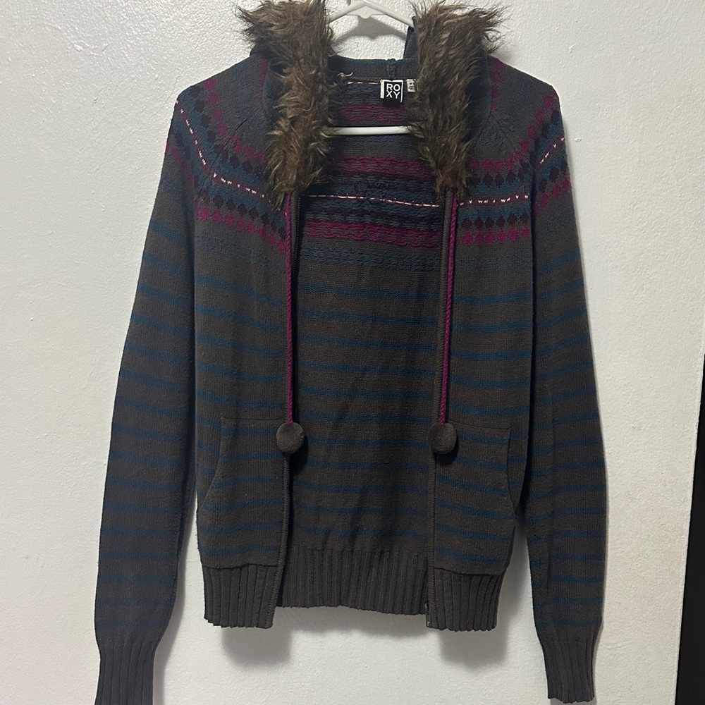 Vintage Roxy Brown and Purple Striped Sweater with Faux Fur Hood